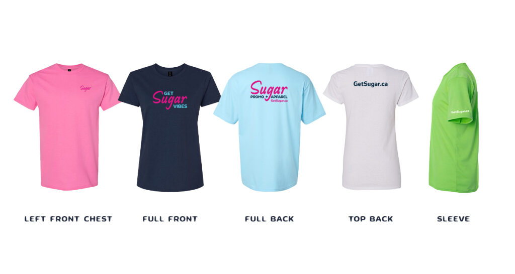 T-shirt diagram showing areas to place branding.
